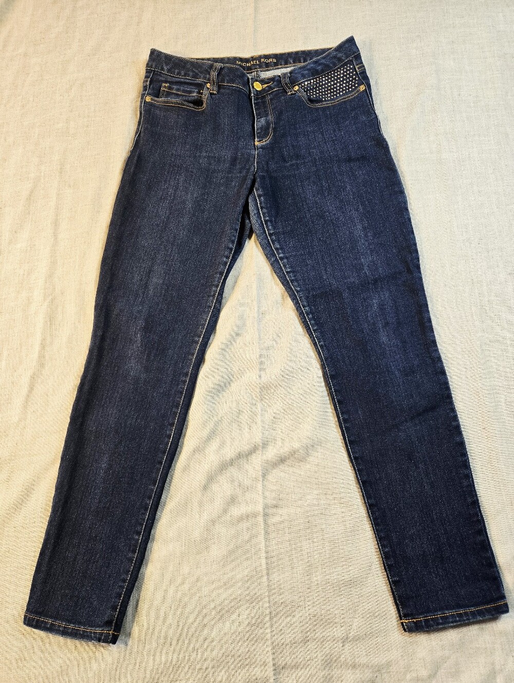 Michael Kors Women's 8 Skinny Studded Pocket Dark Blue Wash Denim Stretch Jeans